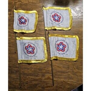 4 American Revolution Bicentennial 1776 1976 Small Flag 5"x6" Handheld Gold Vtg